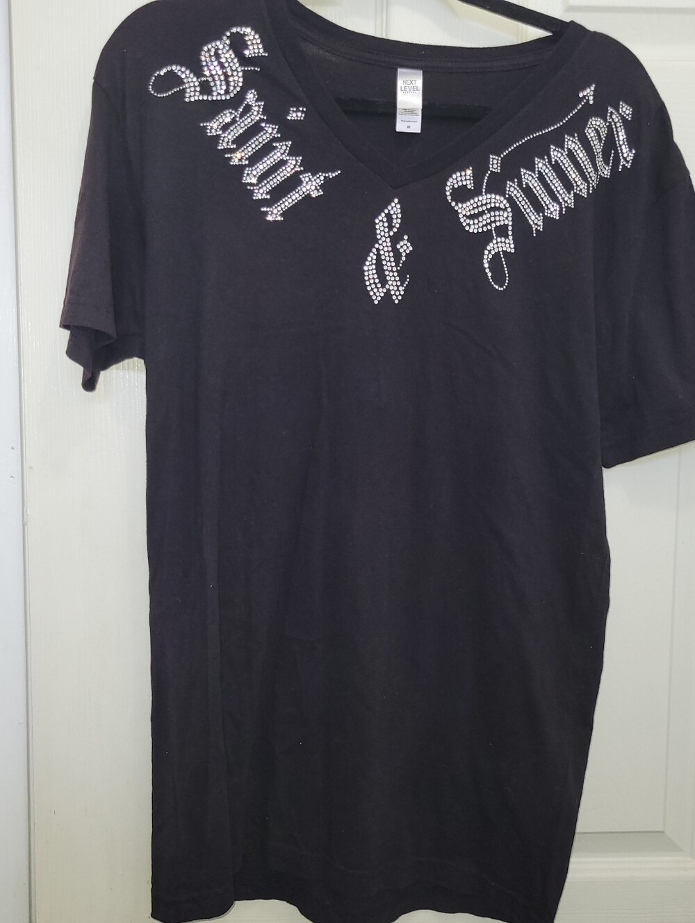 Next Level Apparel Black V-Neck Tee with Rhinestone Script